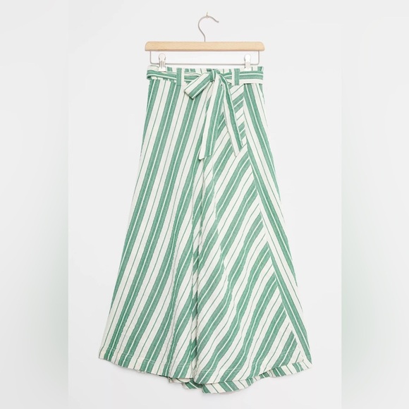 Anthropologie Maeve Green White Striped Full Wrap Maxi Skirt Cottagecore Boho 00 - Picture 2 of 9